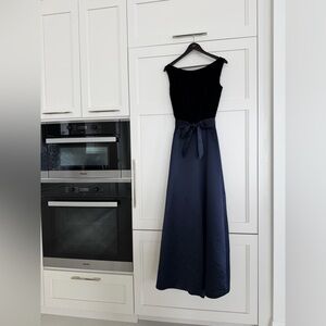 Catherine Regehr Black Velvet Bodice Navy Maxi Dress with Waist Tie